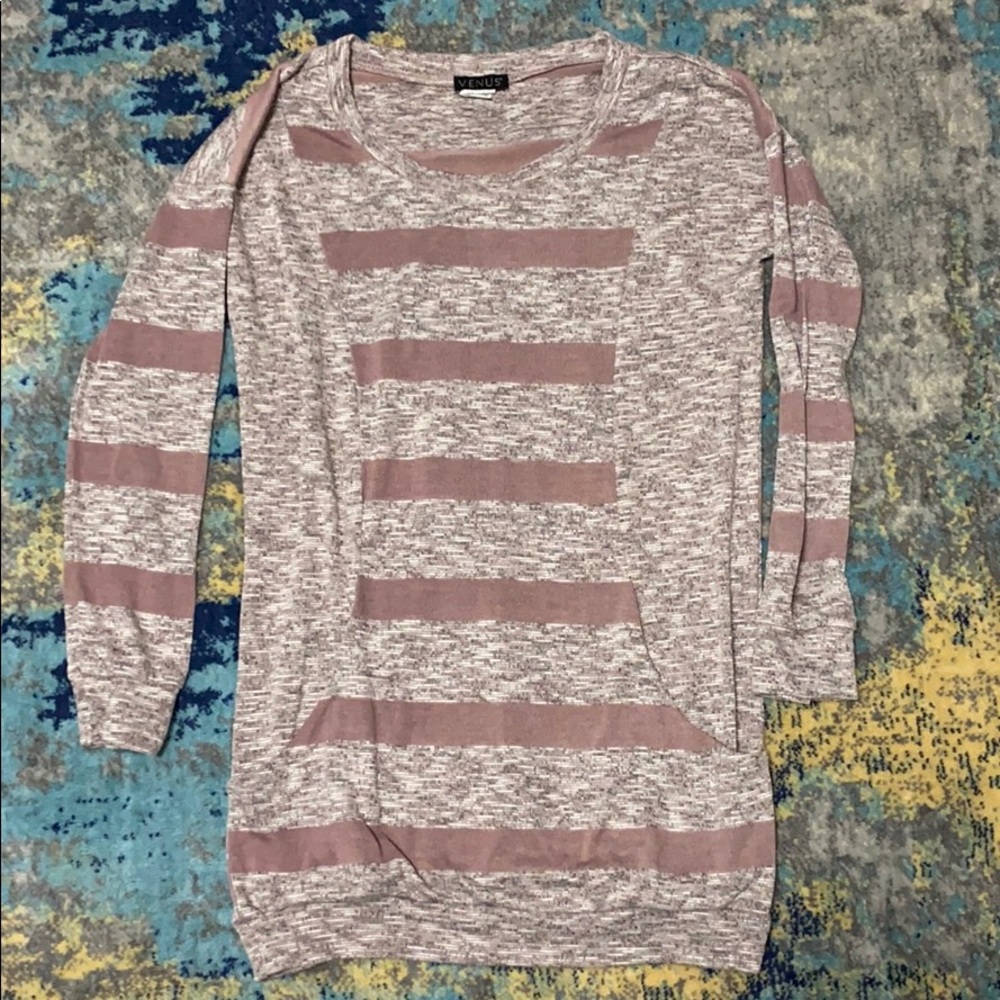Heathered Pink Striped Tunic Tee EUC